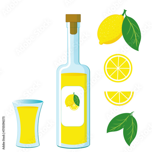 Limoncello shot and lemon liqueur in bottle set of vector illustrations for bar and menu. Traditional italian aperitif and lemons copypart on isolated background.