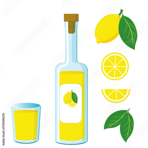 Limoncello shot and lemon liqueur in bottle set of vector illustrations for bar and menu. Traditional italian aperitif and lemons copypart on isolated background.