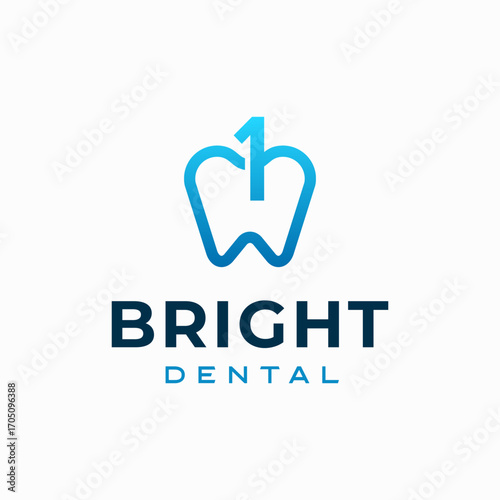 Number 1 Dental Clinic Logo Tooth abstract design vector template Linear style. Dentist stomatology medical doctor Logotype concept icon