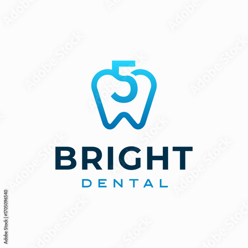 Number 5 Dental Clinic Logo Tooth abstract design vector template Linear style. Dentist stomatology medical doctor Logotype concept icon