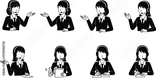 Female call center agent cartoon, customer support representative, headset communication, office assistant, help desk, remote service, business talk