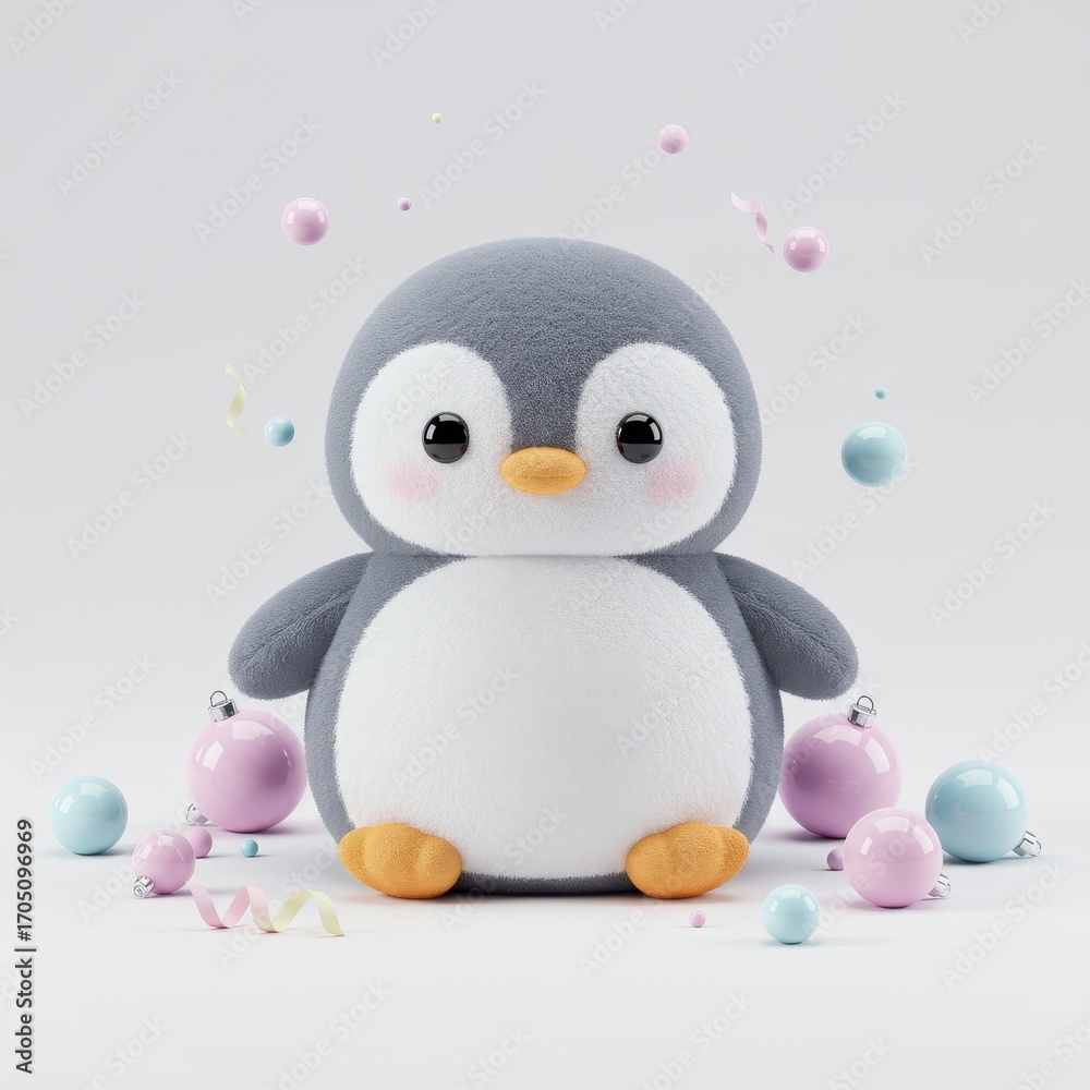 Fototapeta premium A cute, cartoonish penguin with big eyes stands centered against a plain white background. Pastel-colored ornaments and confetti surround it