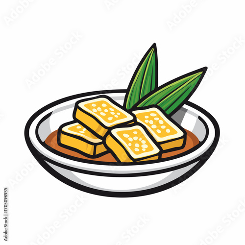 A delectable serving of Asian tofu dessert in a bowl with sweet syrup, sprinkled with sesame seeds and garnished with pandan leaves, presented as a vector illustration