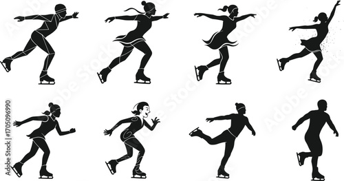 Figure skating silhouettes of men and women performing jumps, spins, and glides on ice rink, winter sports, athletic movement
