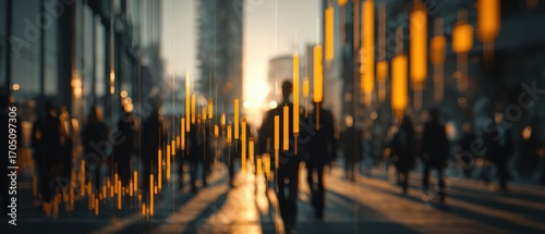 Blurred Crowd Walking on City Street with Financial Chart Overlay at Sunset