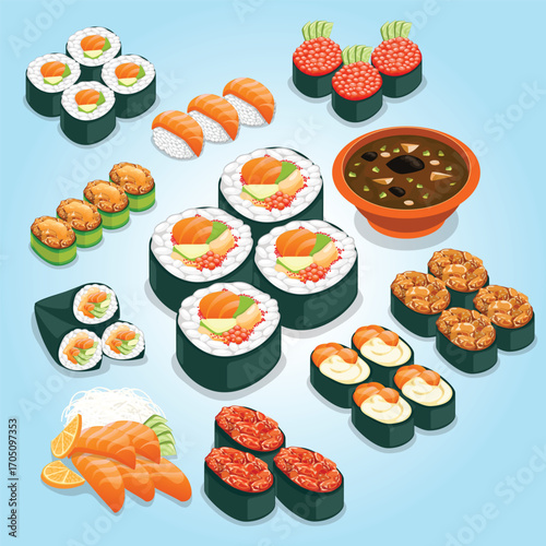 Isometric Delicious Assorted Sushi Roll Nigiri Sashimi and Sauce Japanese Cuisine