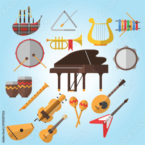 Flat Style Diverse Musical Instrument Set with Piano and Guitar