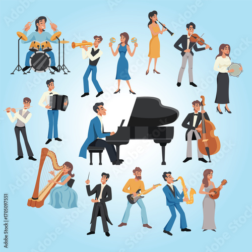 Cartoon Style Diverse Orchestra Musician Playing Instrument Illustration