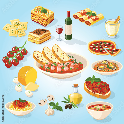 Flat Illustration Assortment of Traditional Italian Cuisine Food Dishes