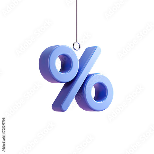 A light purple percentage symbol, hanging from a thin line, against a dark background.  3D rendered, stylized