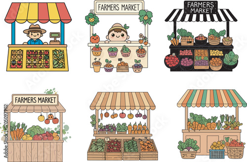 Cartoon market stalls, organic produce, flower vendors, fresh vegetables, outdoor fair, local goods, vector illustration, farmer’s market, colorful tents, food display
