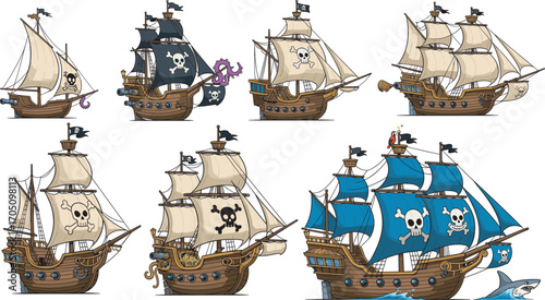 Cartoon pirate ships, skull flags, sailing vessels, ocean adventure, sea battle, vector illustration, nautical theme, fantasy boat, marine journey, pirate lore