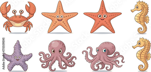 Cartoon sea creatures, smiling starfish, cute octopus, yellow seahorse, red crab, underwater animals, marine life, vector illustration, ocean theme, kids content