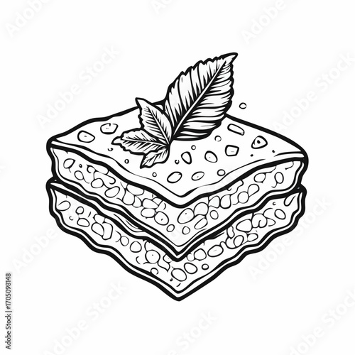 Hand-drawn black and white illustration of a traditional layered baklava pastry, garnished with chopped nuts and a fresh mint leaf