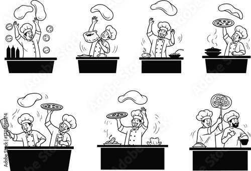 Happy chefs tossing pizza dough, cooking in kitchen, teamwork, Italian cuisine, pizza making process, culinary skills, black and white illustration