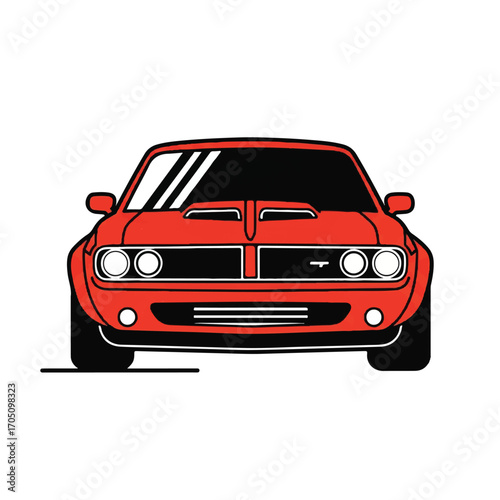 Front view of a classic red muscle car with dual headlights and a prominent grille.