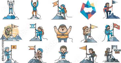 Mountain climbers, summit celebration, cartoon characters, flag planting, adventure gear, peak achievement, vector illustration, outdoor challenge, success concept, venture high