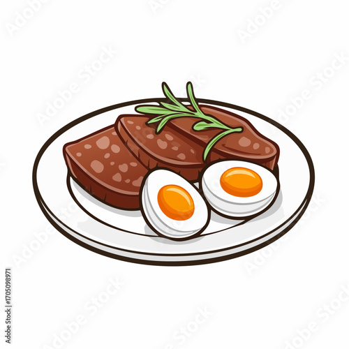 Delicious plate of sliced meat, two halves of boiled egg, and a sprig of rosemary, presented on a white ceramic plate, perfect for food blogs or recipe illustrations