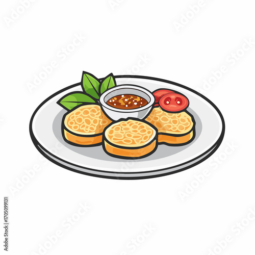 Delicious appetizer featuring golden brown fritters served with a side of savory dipping sauce and fresh basil leaves, garnished with tomato slices