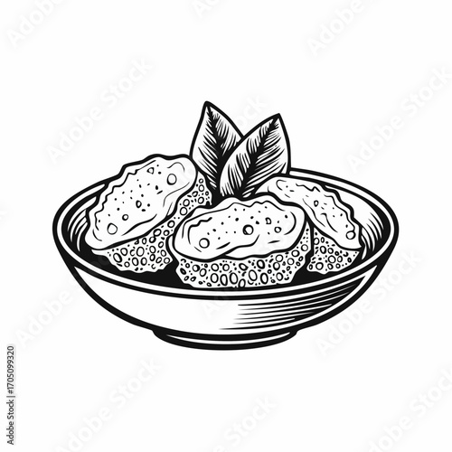 Monochrome Illustration of Falafel in a Bowl with Basil Leaves