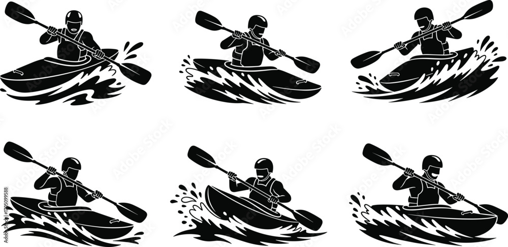 Obraz premium Kayaking action silhouettes, extreme water sports, adventure paddling, river kayaking icons, outdoor activity, whitewater kayaking illustrations, athlete kayakers