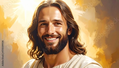 Jesus Christ Smiling Portrait Illustration. Cute, High Quality, Spiritual Artwork