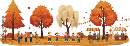Autumn festival celebration, people enjoying outdoor market, traditional clothing, fall trees, seasonal leaves, community gathering, cultural event, family fun, festive atmosphere