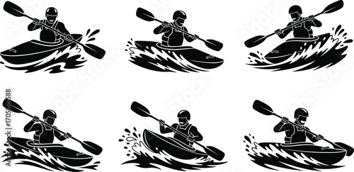 Kayaking action silhouettes, extreme water sports, adventure paddling, river kayaking icons, outdoor activity, whitewater kayaking illustrations, athlete kayakers