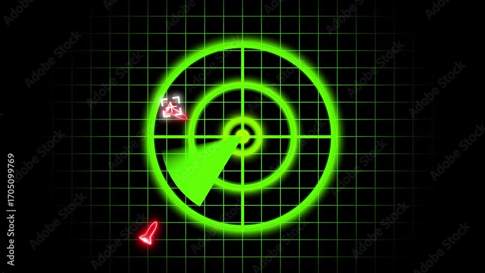 Retro radar screen with animated aircraft detection and tracking ...