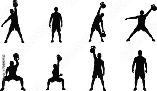 Kettlebell workout silhouette, man lifting weights, fitness training poses, strength exercise routine, gym workout illustration, bodybuilding, crossfit clipart