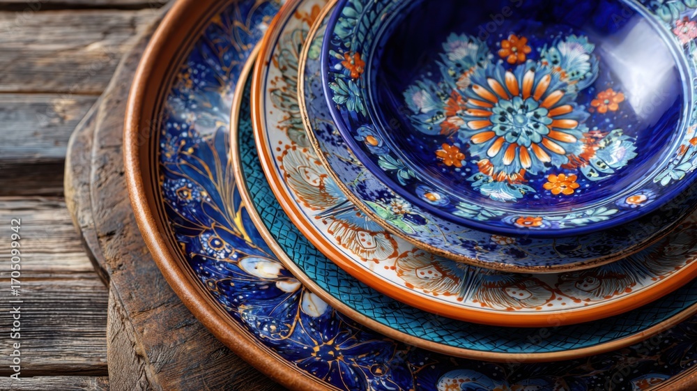 Fototapeta premium Handcrafted Talavera plates with colorful floral decorations