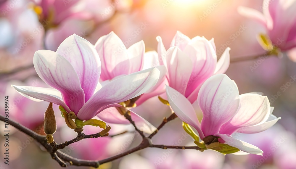 Obraz premium Magnolia blossoms in spring sunlight, delicate pink and white petals.