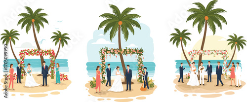 Beach wedding ceremony, tropical palm trees, bride and groom, outdoor celebration, floral arch decoration, ocean background, summer romance, coastal event, wedding party