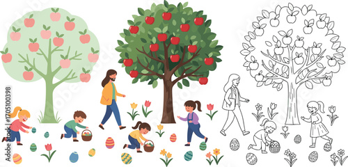 Children collecting colorful Easter eggs, apple trees in bloom, outdoor spring activity, family walk, kids playing, flowers blooming, festive holiday scene