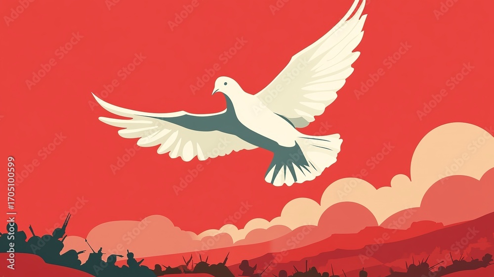 Obraz premium White dove soaring above a battlefield, symbolizing peace amid chaos during conflict