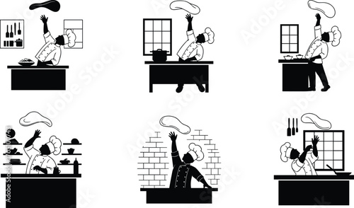 Professional chef tossing pizza dough in kitchen, cooking process, Italian cuisine, culinary skills, chef at work, black and white illustration