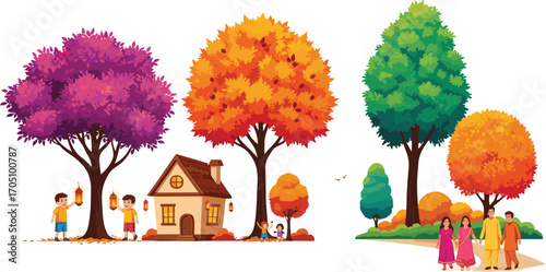 Colorful autumn trees with family walking, children playing with lanterns, cozy house, vibrant fall foliage, outdoor seasonal celebration, warm festive atmosphere, nature