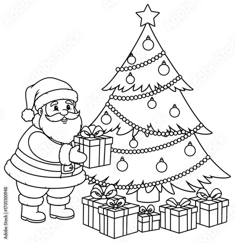 Santa Claus vector illustration of jolly character placing a wrapped gift under a decorated Christmas tree drawn in festive cartoon style for cheerful seasonal holiday design