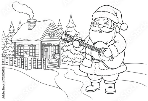 Santa Claus vector illustration of a cheerful character playing guitar outside a snowy house surrounded by pine trees drawn in festive cartoon style for joyful holiday design