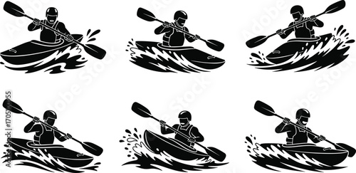 Professional kayaking silhouette vector set, extreme water sport illustration, pure black outdoor adventure design showing paddling action, canoe, rafting waves