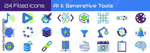 24 AI and Generative Tools Icons – Artificial Intelligence, Automation, and Digital Creativity Vector Pack