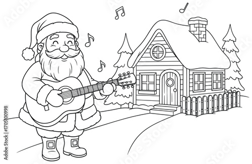 Santa Claus vector illustration of a cheerful character playing guitar with music notes beside a snowy cottage and pine trees drawn in festive cartoon style