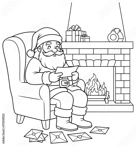 Santa Claus vector illustration of a festive Christmas scene showing Santa sitting in a cozy chair by the fireplace reading letters with gifts on the mantel