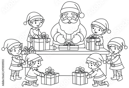 Santa Claus vector illustration of a joyful Christmas workshop scene showing Santa with happy elves working together carrying and wrapping presents in festive outline style