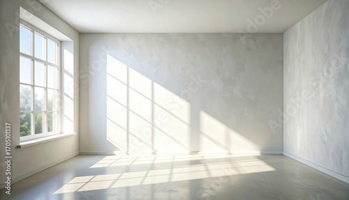 A bright, sunlit room with large windows and textured walls creates a serene and airy space.