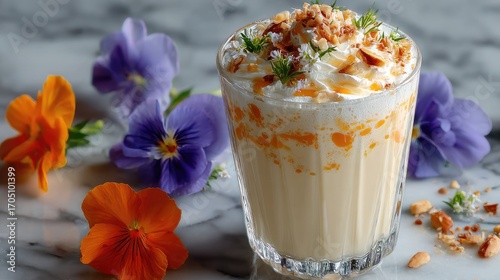 Creamy, almond-topped drink with flowers