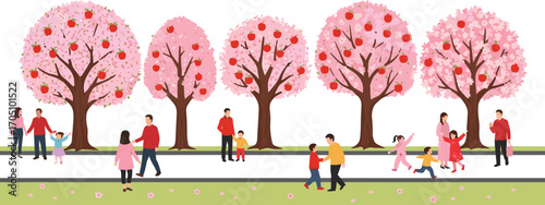Families and children walking and playing in apple blossom park, springtime outdoor activity, blooming trees, nature walk, happy moments, spring family fun, apple trees