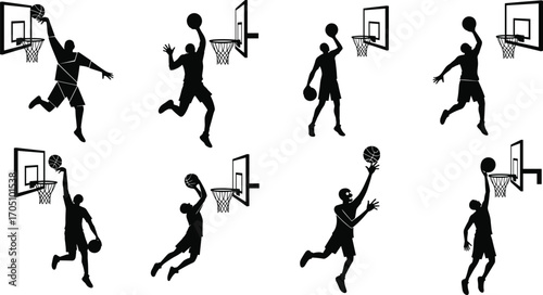 Silhouettes of basketball players dunking, shooting, dribbling, dynamic action, athletic movement, sports energy, competitive game, teamwork, basketball hoop, slam dunk
