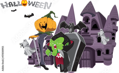 Halloween vector cartoon with pumpkins, dracula, ghosts, and bats.
