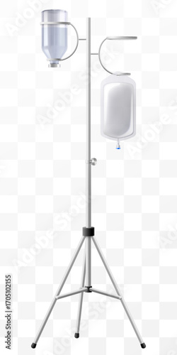 IV Stand with Drug Vial and Saline solution bag– Medical Infusion Pole with Hooks. Dropper Stand with Glass Medical Bottle. Laboratory equipment for blood transfusion. Realistic 3d Vector Illustration